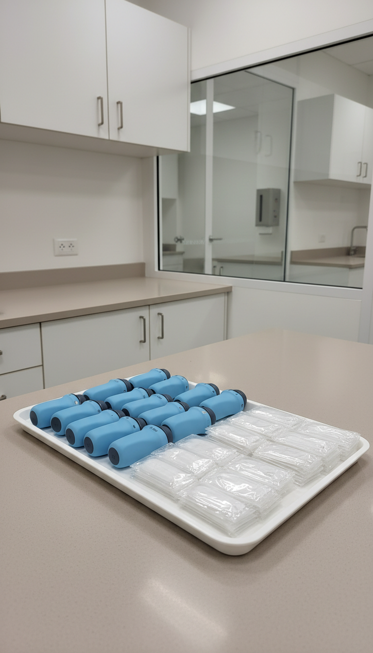 A meticulously organized workspace featuring a set of Doppler transducers with soft silicone housings and sterile, neatly arranged covers, displayed on a pristine white tray atop a smooth, neutral-toned countertop. The environment is a dedicated clinical lab with minimalistic cabinetry and glass partitions, imbuing the space with transparency and order. Subtle studio lighting offers even, shadowless illumination, highlighting textures and contours. The atmosphere is orderly and calm, with a slightly elevated angle emphasizing the meticulous setup. The composition is balanced and precise, in line with a modern, structured, photographic style ideal for an advanced educational institute.
