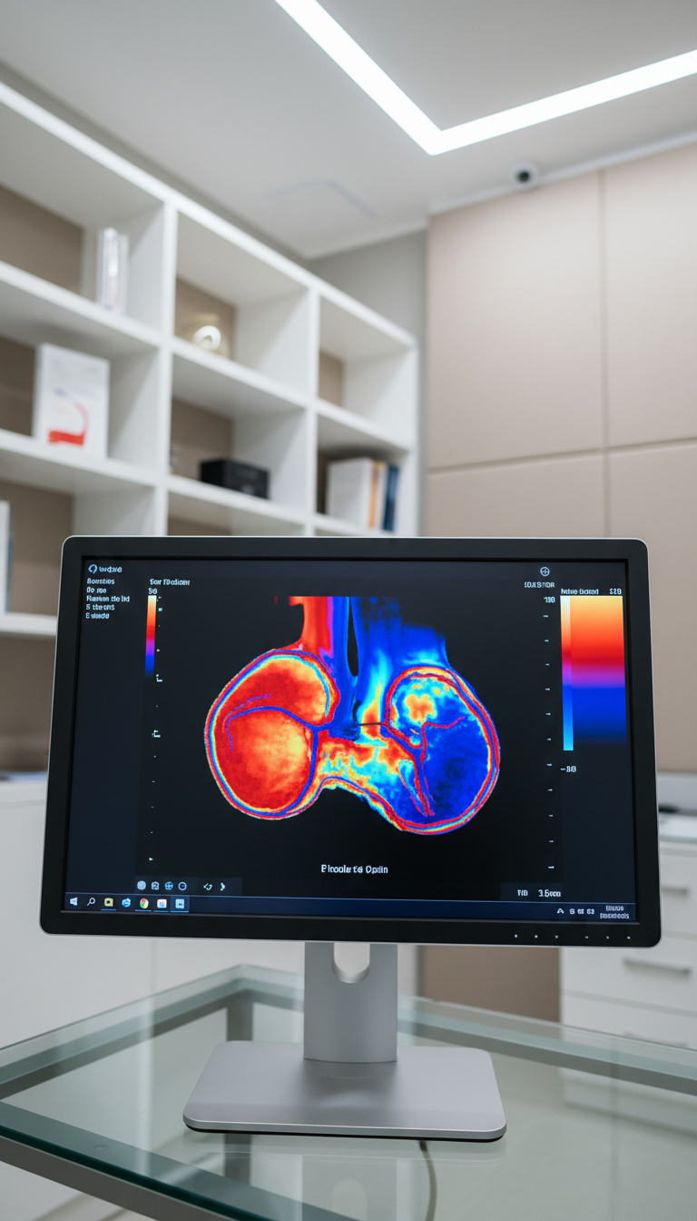 A highly detailed, high-resolution color Doppler ultrasound display, showcasing vibrant red and blue arterial and venous blood flow patterns on a crisp, matte black monitor. The display is mounted on a brushed steel and glass desk within a state-of-the-art diagnostic room surrounded by minimalistic white shelving and neutral-toned panels. Cool, overhead LED lighting produces uniform illumination, emphasizing clarity and precision. The mood is clinical and focused, with a rule-of-thirds composition that places the vibrant imaging at the heart of the frame. The photographic style is crisp and realistic with a professional, clean aesthetic.