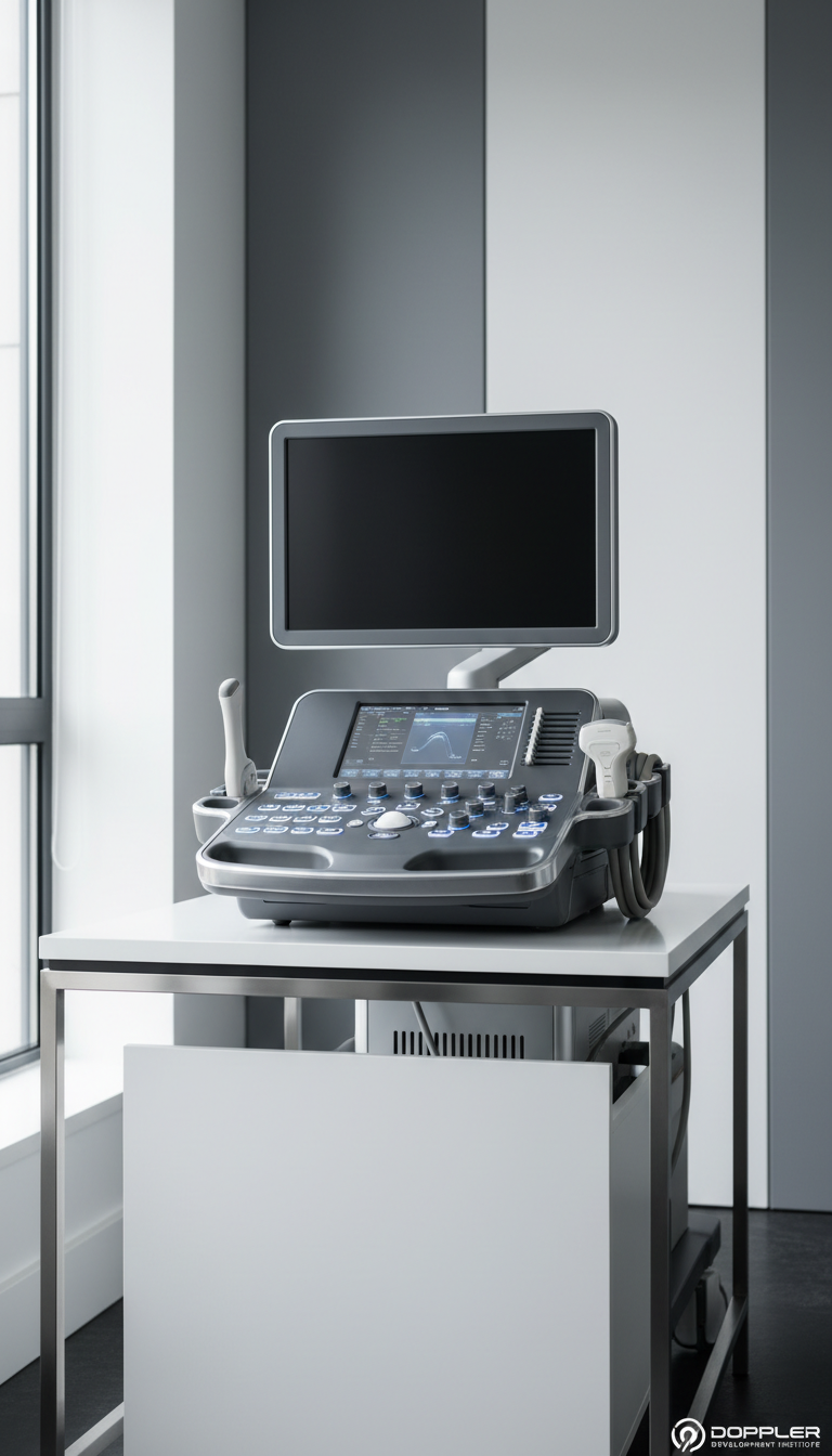 An advanced Doppler ultrasonography machine with a sleek, matte gray finish and subtle metallic accents, featuring illuminated control panels and a neatly coiled probe cable. The device rests on a spotless, modern workstation with clean geometric lines, encircled by soft gray and white office walls. Soft diffused daylight filters in from a large window, creating balanced shadows and gentle highlights on the control knobs. The composition is centered and symmetrical, with sharp focus throughout, and a structured, corporate aesthetic that aligns with the educational professionalism of the Doppler Development Institute.